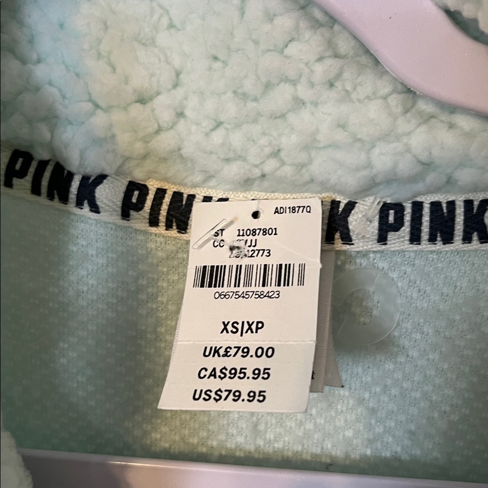 NWT VS PINK Quarter-Zip Pullover Sherpa Fleece Sweatshirt Mint Green Relaxed XS - Picture 3 of 5